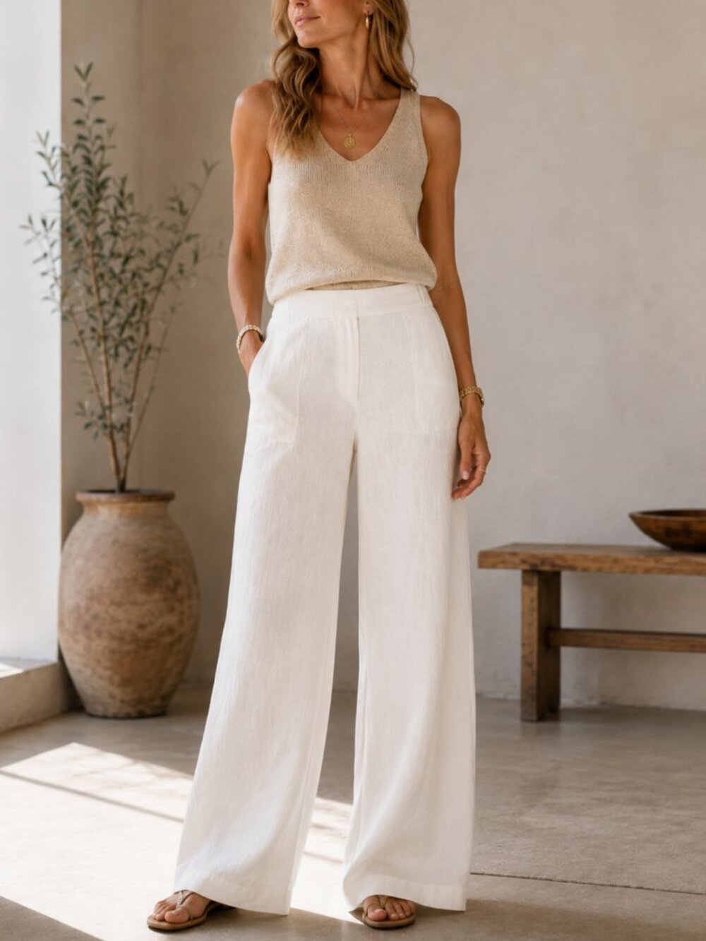 Le Château Vintage 100% Linen Wide Leg Trousers White Ivory 9/10 Y2K Coastal EUC